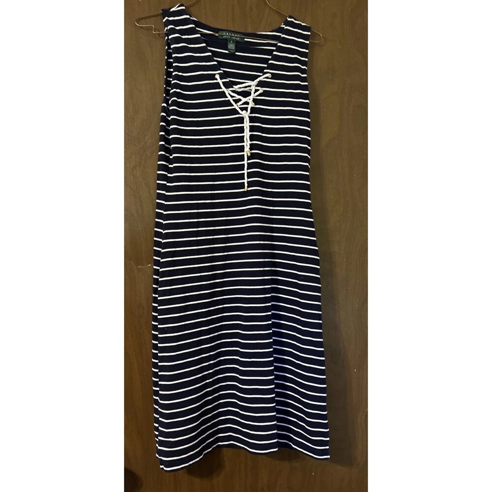 Women’s Nautical Lauren Ralph Lauren Black Stripe Cotton Dress Vacation Sz Sm